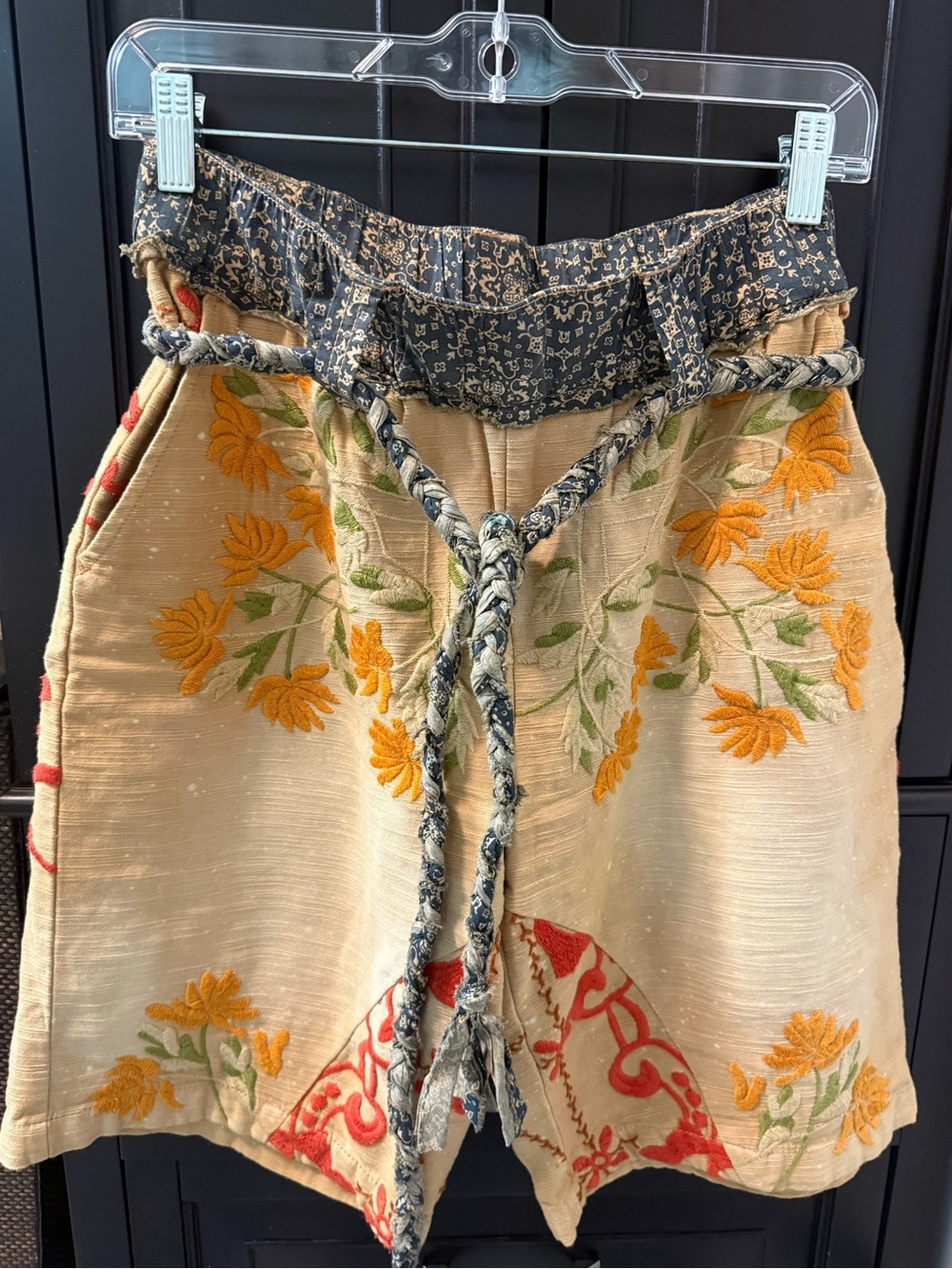 Free People Cream Embroidered Floral Skort with Braided Tie